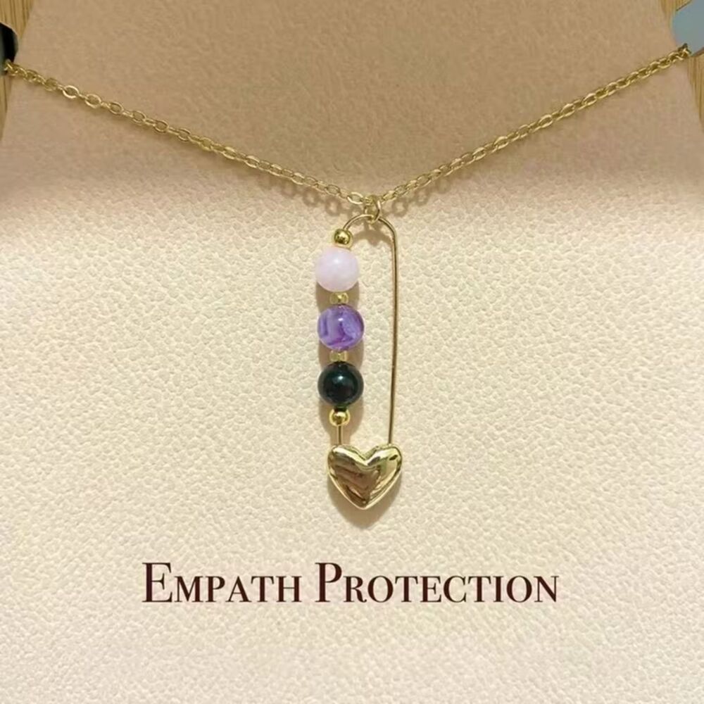 Empath Protection Beaded Necklace Multi Color Gemstone Crystal Gold Pin Pendant